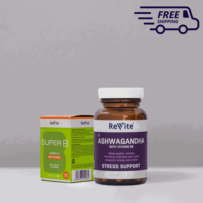 Ashwagandha capsules and Super B vitamin tablets for stress and energy support packaging