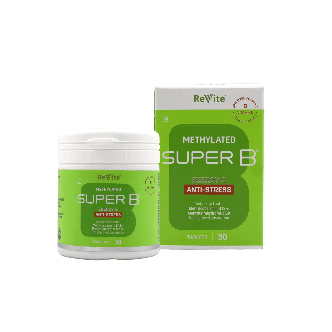 Revite Super B Methylated Energy Injection Tabs 30's bottle with B vitamins and antioxidants supporting energy and metabolism