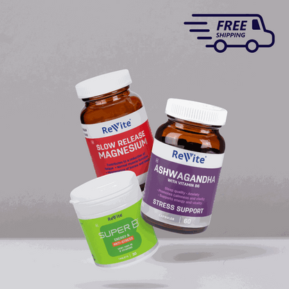 Revite Stress Less Deal with Super B high dose B vitamins, Ashwagandha stress support, and Slow Release Magnesium supplements with free shipping icon