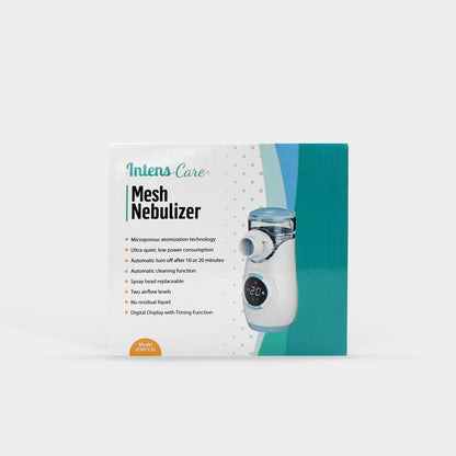 IntensCare Digital portable mesh nebulizer with microporous atomization, digital display, dual airflow, and complete mask kit.