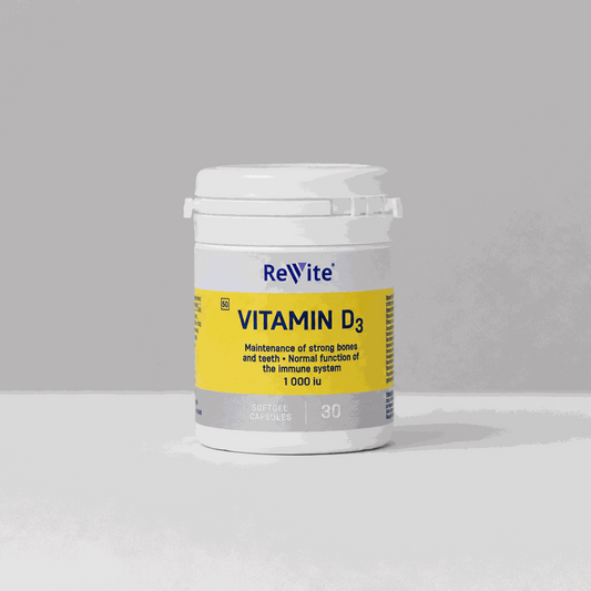 Bottle of vitamin D capsules with 500IU D3 for bone health and immune support