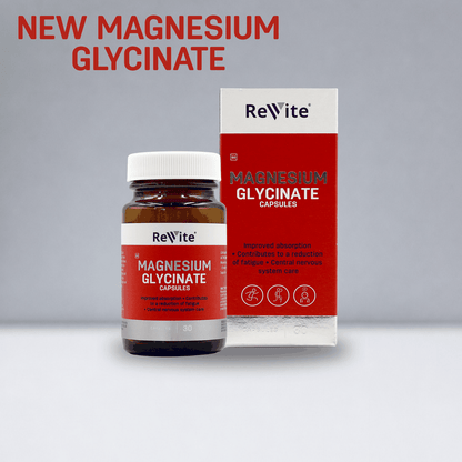 Bottle of Magnesium Glycinate Capsules 30's for reducing fatigue and supporting muscle and nerve function