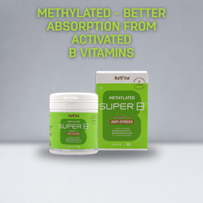 Super B Energy Injection Tabs bottle with vibrant B vitamin supplement label and tablets inside