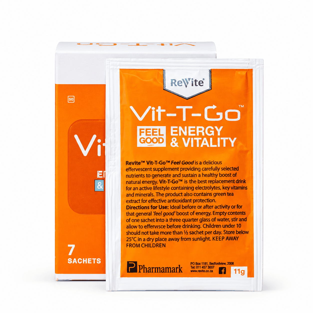 Revite Vit-T-Go 7 sachets energy and hydration drink mix packaging with vitamin and mineral details