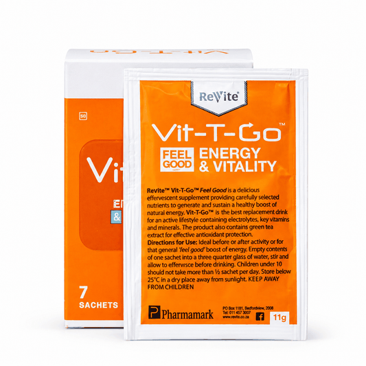 Revite Vit-T-Go 7 sachets energy and hydration drink mix packaging with vitamin and mineral details