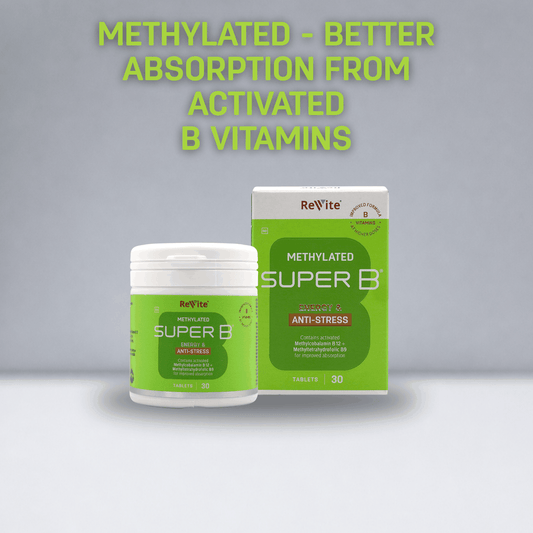 Super B Energy Injection Tabs bottle with vibrant B vitamin supplement label and tablets inside