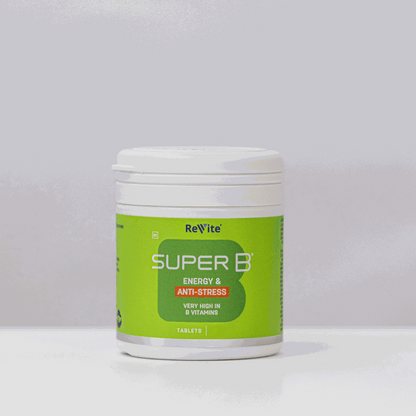 Revite Super B Energy Injection Tabs bottle for energy, anti-stress, and B vitamin support
