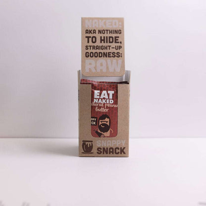 Natural Peanut Butter sachets box with Eat Naked branding and raw, all-natural ingredients text